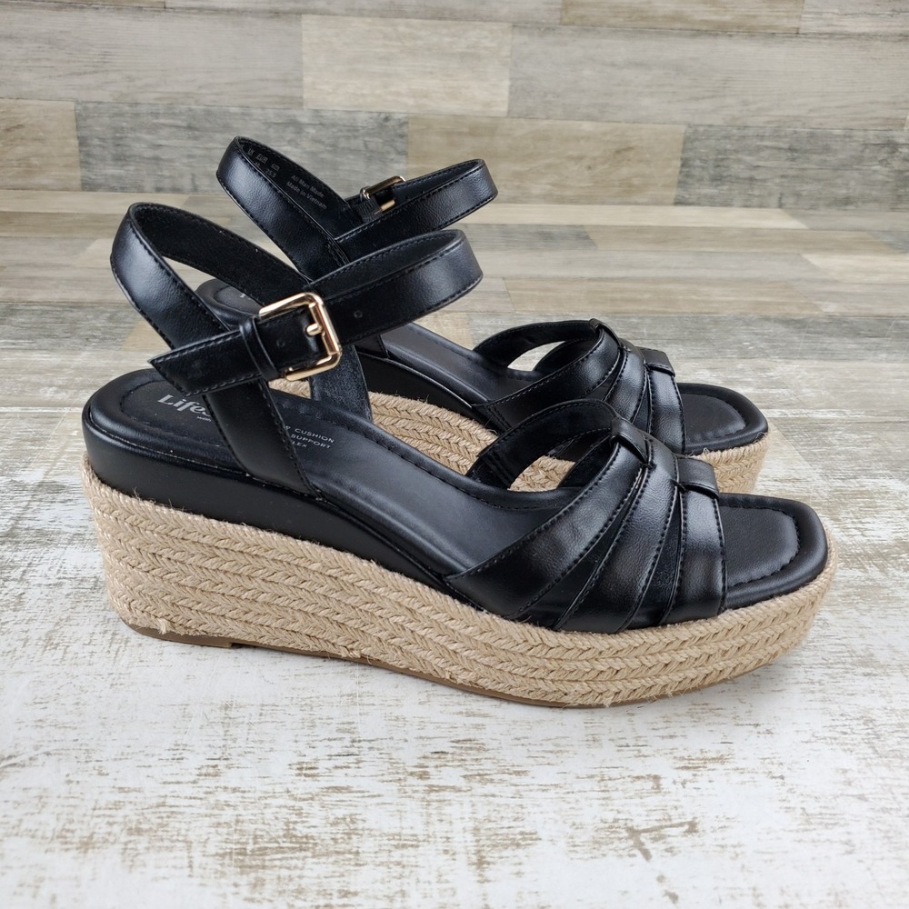 LifeStride Havana Womens Espadrille Wedge Sandels Sz 9 M Black Faux Leather